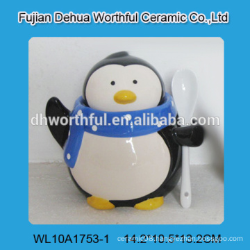 Creative single penguin shaped ceramic seasoning pots with spoon